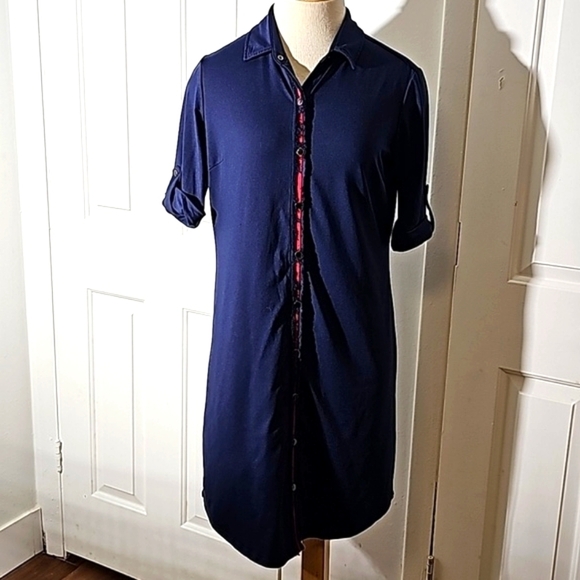 J.McLaughlin, navy blue snap closure dress. Red ribbon‎ down the front. Size sm - Picture 1 of 9